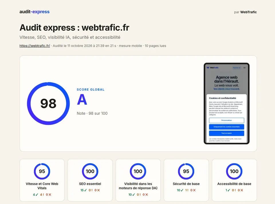 Extrait d'un rapport de diagnostic : score global de 98 sur 100, note A, et cinq notes par volet entre 95 et 100