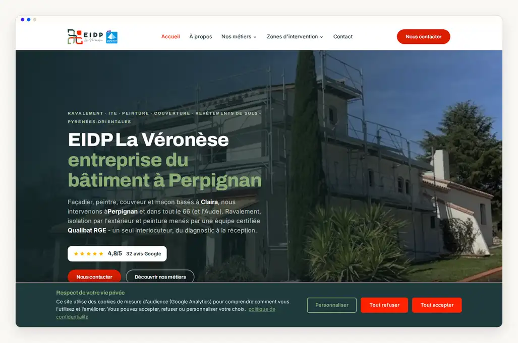 Capture de la page d'accueil d'un site btp - ravalement, ite & peinture, sur ordinateur et mobile