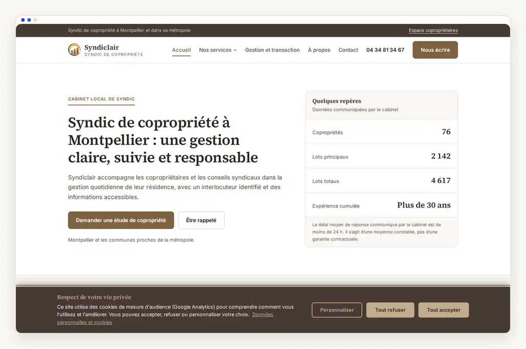 Capture de la page d'accueil d'un site syndic de copropriété, sur ordinateur et mobile