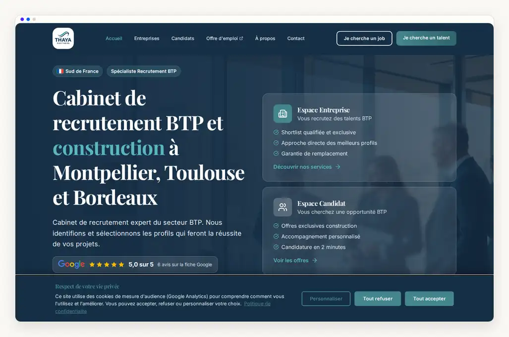 Capture de la page d'accueil d'un site recrutement btp & construction, sur ordinateur et mobile
